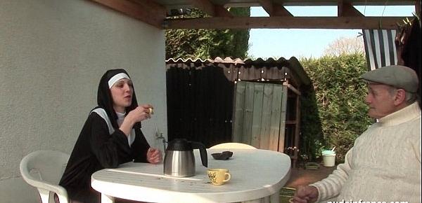  Young french nun fucked hard in threesome with Papy Voyeur